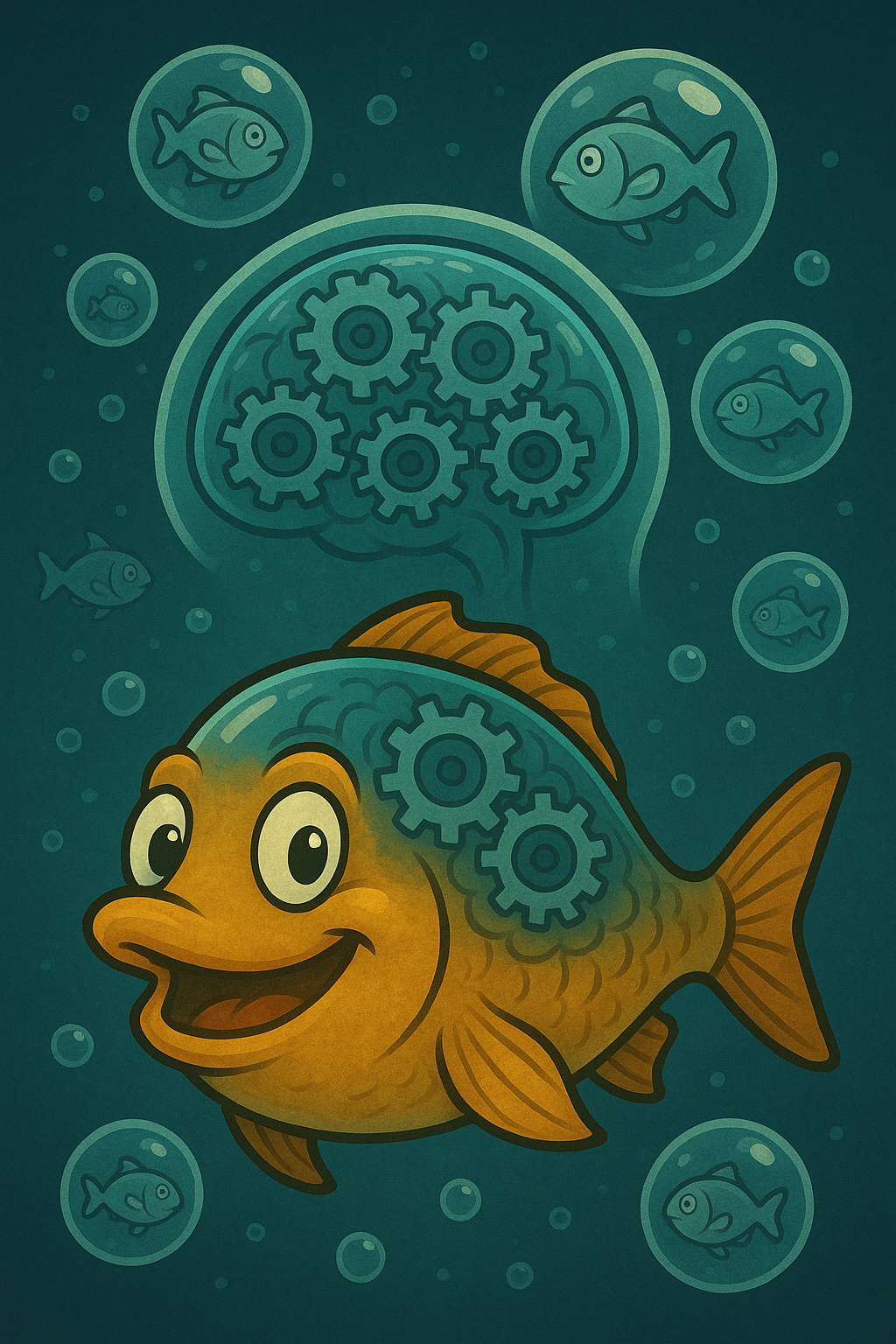 Cartoon fish with brain gears turning, surrounded by smaller fish reflecting on bubbles