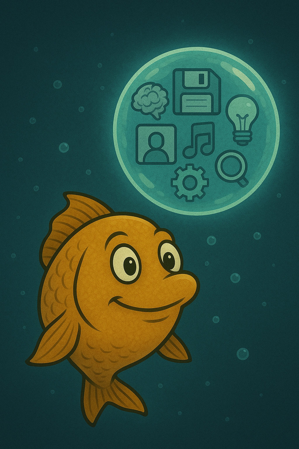 Fish floating beside a glowing, transparent memory bubble filled with icons